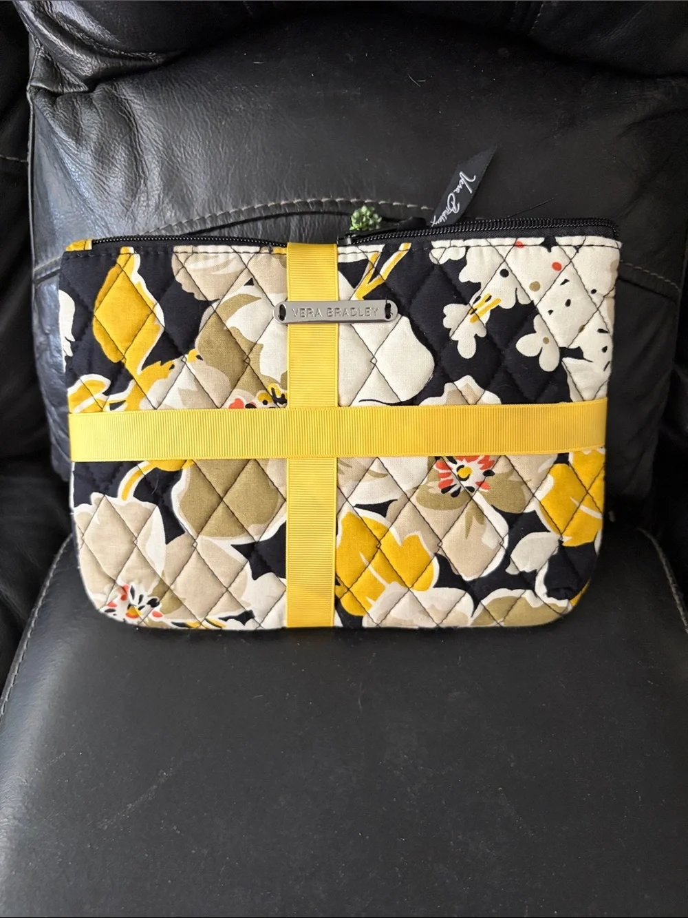 Vera Bradley Quilted Floral Wristlet in Black, Yellow & Cream